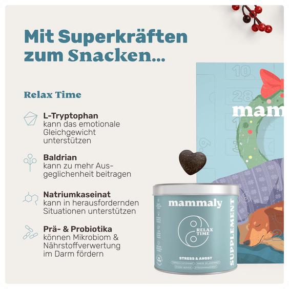 Inhaltsstoffe der Relax Time Snacks im mammaly Relax-Mas Adventskalender: L-Tryptophan, Baldrian, Natriumkaseinat, Prä- & Probiotika – für innere Ruhe, Balance und ein gesundes Mikrobiom.