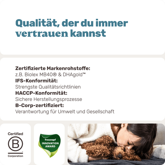 mammaly Qualitätsversprechen: Zertifizierte Markenrohstoffe, IFS-Konformität, B-Corp-zertifiziert