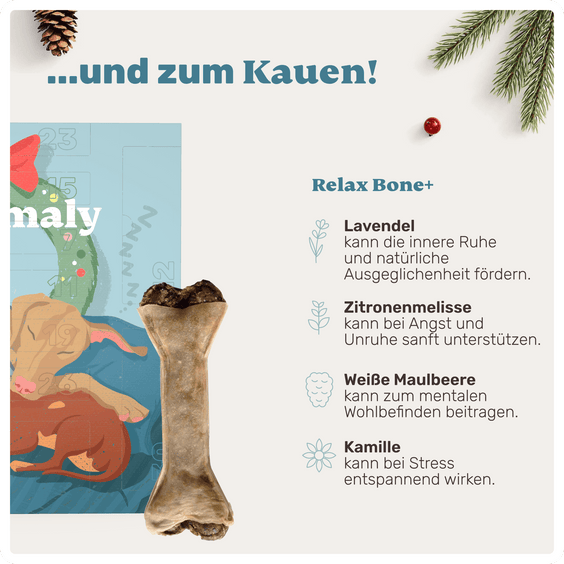 Inhaltsstoffe der Relax Bone+ Kauknochen im mammaly Relax-Mas Adventskalender: Kamille, Zitronenmelisse, weiße Maulbeere, Lavendel – für Entspannung, Wohlbefinden und mentale Balance.