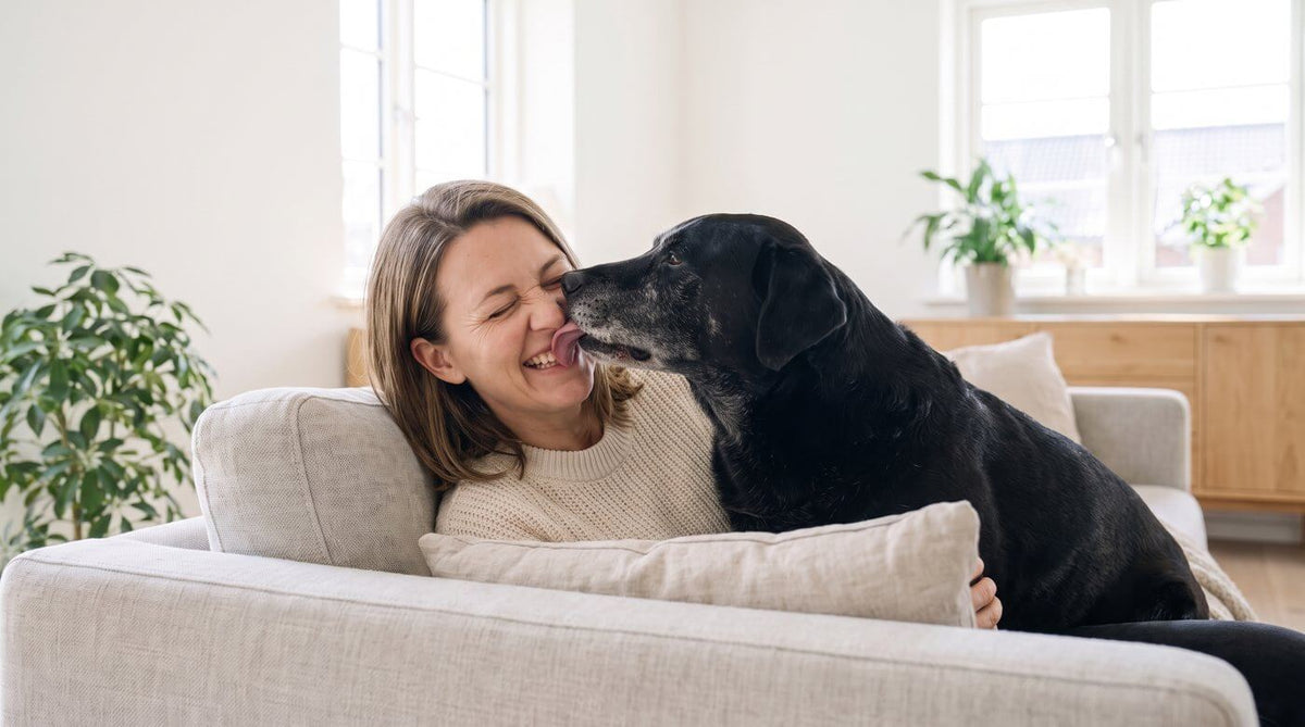 Jessica lacht, Luna leckt ihr über die Wange