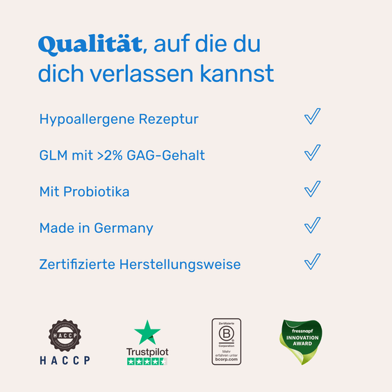 Hunde Gelenktabletten mit Grünlippmuschel und MSM – Qualität, Probiotika und geprüfte Herstellung mit Zertifizierungen